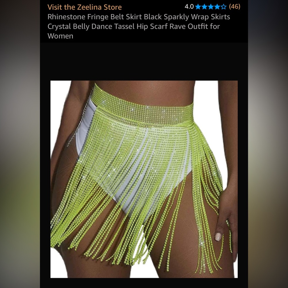 Neon Fringe Sparkly Green Belt with rhinestone tassels
